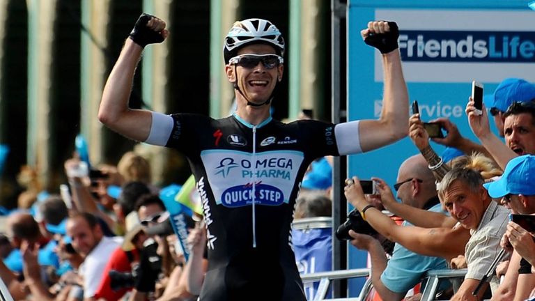 Julien Vermote of Omega Pharma-Quick Step wins stage seven of the 2014 Tour of Britain.