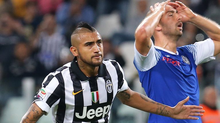 Juventus' midfielder Arturo Vidal celebrates after scoring during the Italian Serie A football match Juventus Vs Cesena