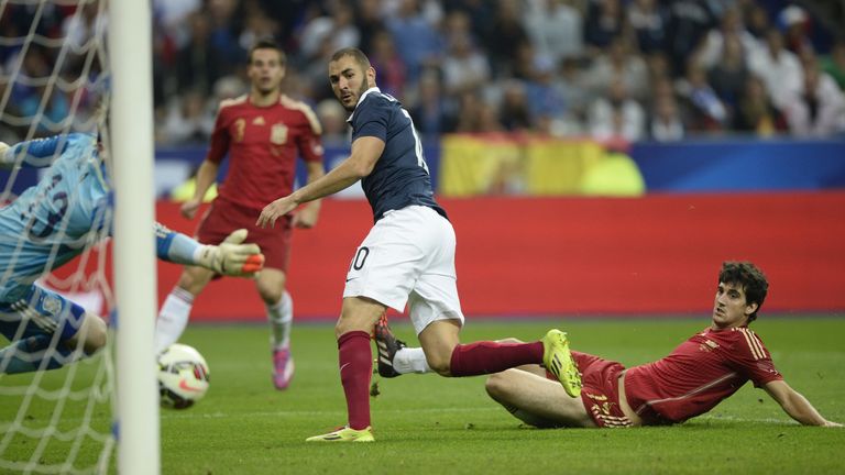 France forward Karim Benzema scores a disallowed goal during the friendly football match v Spain, on September 4, 2014 at the Stade de France