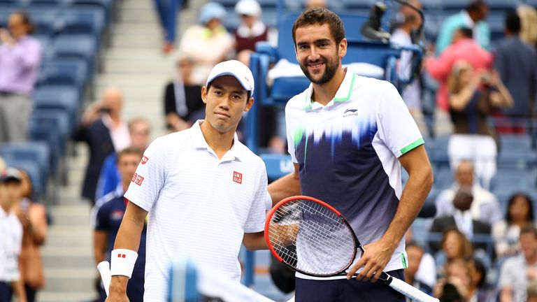 Kei Nishikori (L) and Marin Cilic pose prior to the US Open final