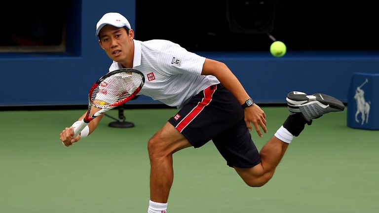 Kei Nishikori returns a shot in the US Open final