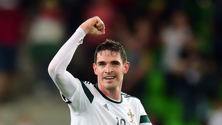 Northern Ireland's Kyle Lafferty celebrates at the end of the game during the UEFA Euro 2016 Qualifying, Group F match at Albert Florian Stadium, Budapest.
