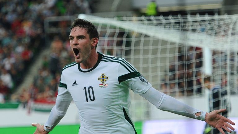 Northern Ireland's striker Kyle Lafferty celebrates after scoring during the UEFA Euro 2016 Group F qualifying match of Hungary vs Northern Ireland on Sept