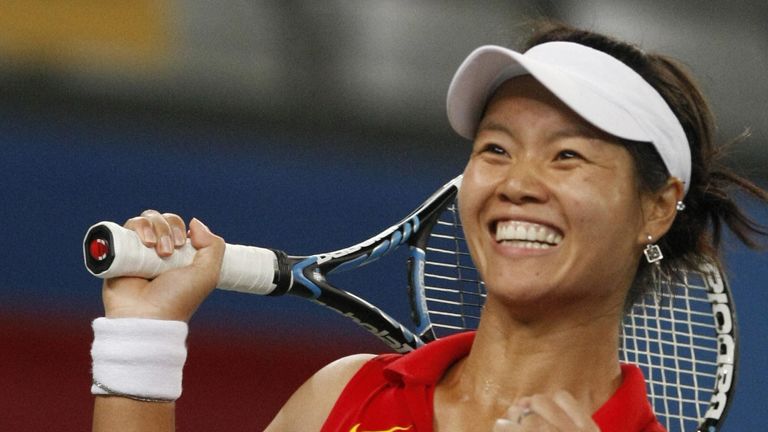 Li Na of China celebrates after defeating Venus Williams of US during their 2008 Beijing Olympic Games women's quarter-final