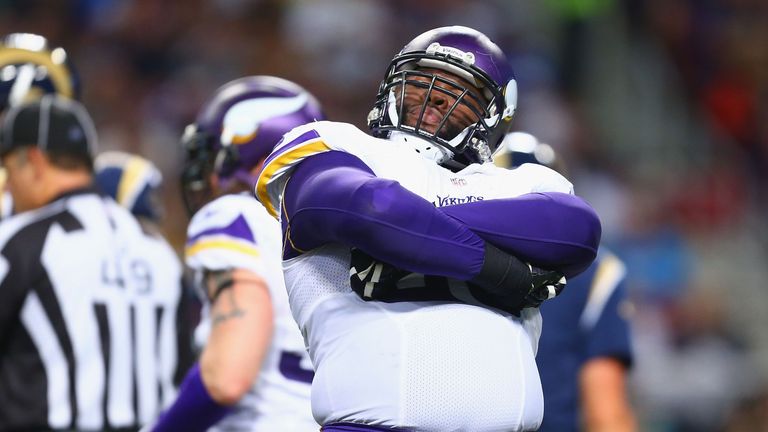 Minnesota Vikings' Linval Joseph celebrates sacking Austin Davis of the St Louis Rams 