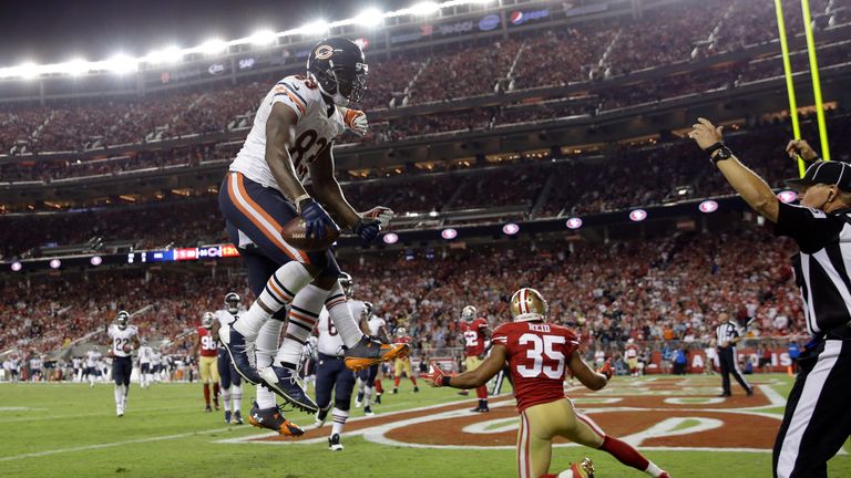 Tight end Martellus Bennett of the Chicago Bears celebrates after a touchdown against San Francisco 49ers
