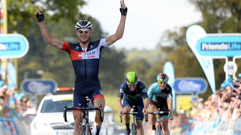 IAM Cycling's Matthias Brandle wins stage six of the 2014 Tour of Britain. Alex Dowsett, Tom Stewart