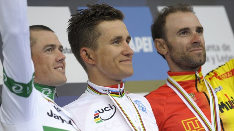 Michal Kwiatkowski (C), Australia's Simon Gerrans (L) and Spain's Alejandro Valverde, UCI Road World Championships in Ponferrada 