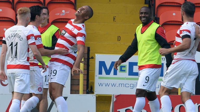 Mickael Antoine-Curier celebrates his equalising goal for Hamilton to make it 1-1 at Tannadice