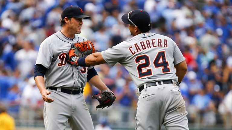 Joe Nathan #36 and Miguel Cabrera #24 celebrate Detroit Tigers' win over Kansas City Royals. Sep 20 2014.