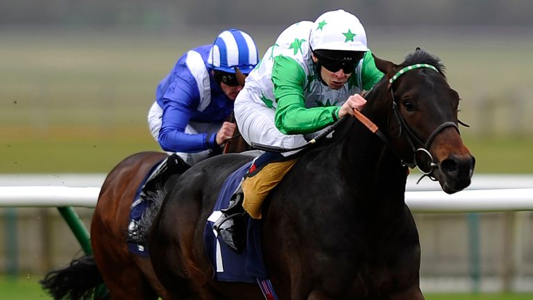 Fergus Sweeney riding Music Master win The Alex Scott Maiden Stakes at Newmarket racecourse on April 17, 2013 in Newmarket, 