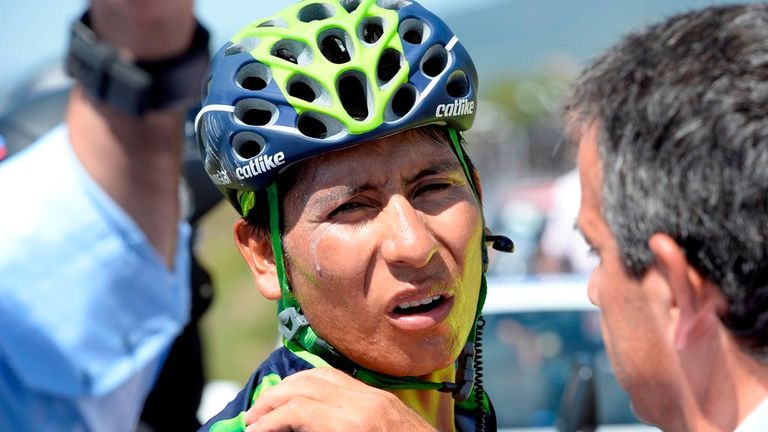 Nairo Quintana after a crash on stage eleven of the 2014 Vuelta a Espana
