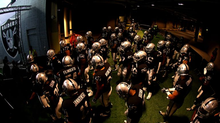 The Oakland Raiders take to the field prior to kickoff at Wembley