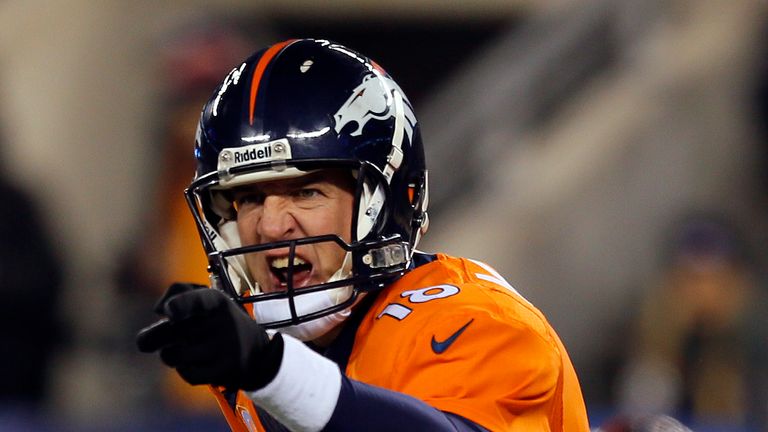 Quarterback Peyton Manning of the Denver Broncos against the Seattle Seahawks during Super Bowl XLVIII