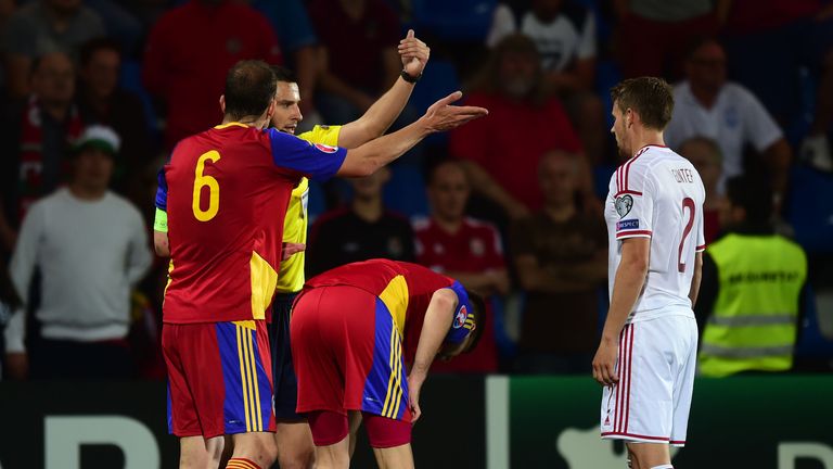 Wales' Aaron Ramsey on the floor during the UEFA Euro 2016 Qualifying, Group B match at the the Camp d'Esports del M.I. Consell General, Andorra le Vella, 