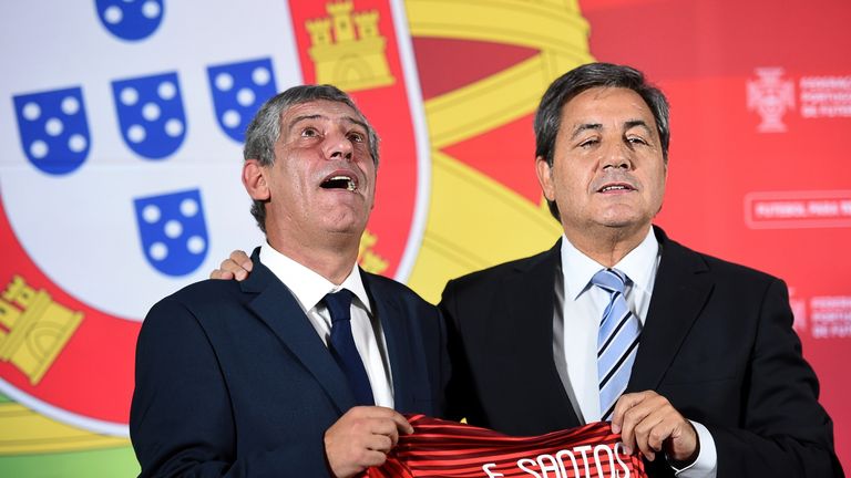 Newly appointed Portuguese coach Fernando Santos (L) poses with Portuguese Football Federation's president Fernando Gomes