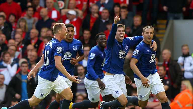 Phil Jagielka: Celebrates after smashing in Everton's equaliser