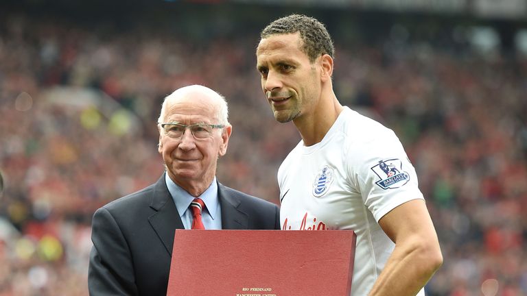 Rio Ferdinand was greeted by Sir Bobby Charlton before kick-off