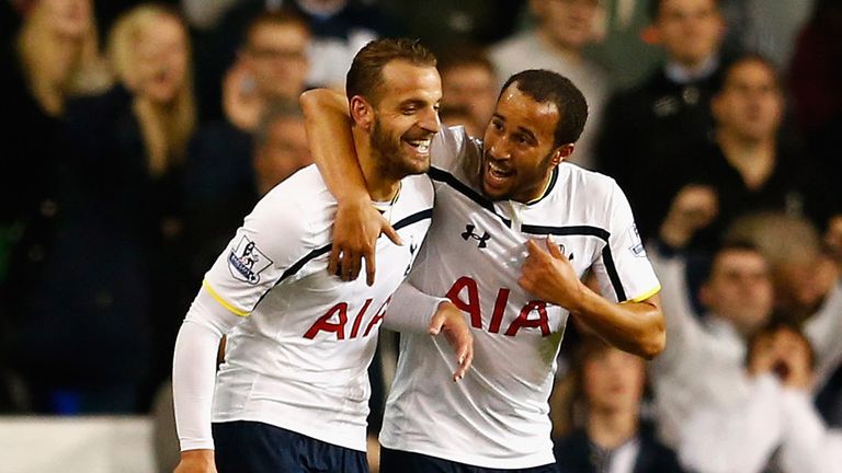 Roberto Soldado of Tottenham Hotspur is congratulated by Andros Townsend