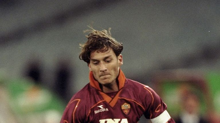 Francesco Totti of Roma on the ball against Leeds United during the UEFA Cup fourth round first leg match at the Stadio Olimpico in Rome in 2000