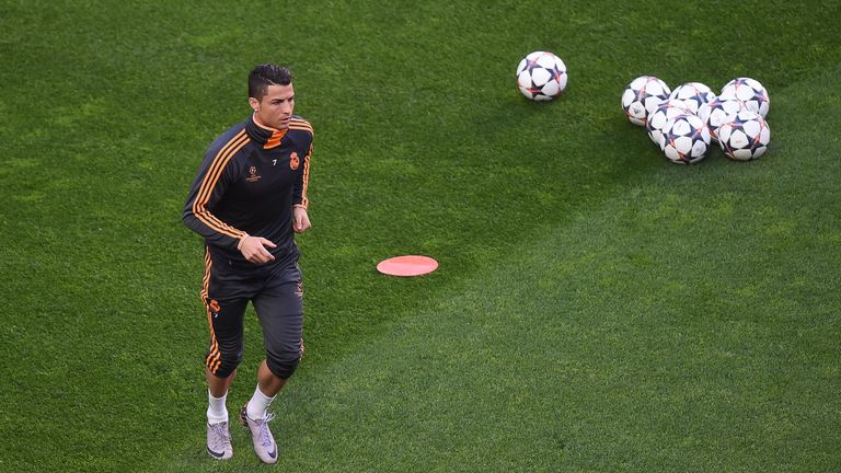 Real Madrid's Portuguese forward Cristiano Ronaldo takes part in a training session on the eve of the UEFA Champions League final between Atletico Madrid a