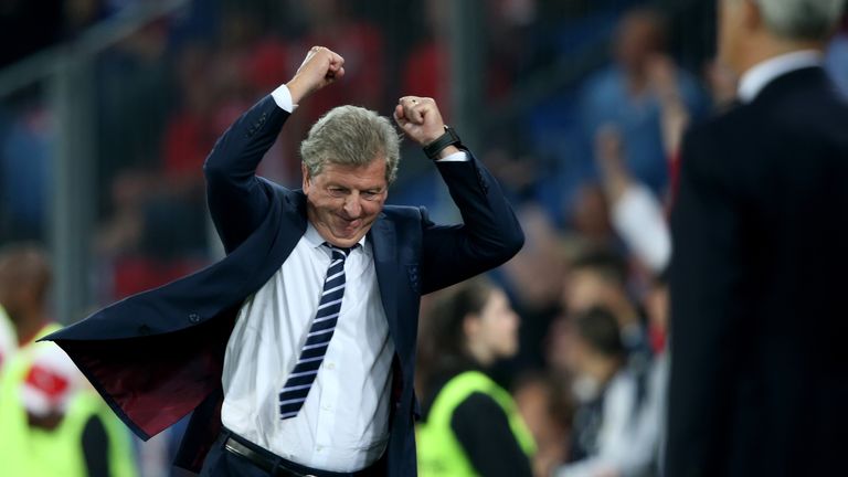 Roy Hodgson of England celebrates a scored goal during the EURO 2016 Qualifier match between Switzerland and England