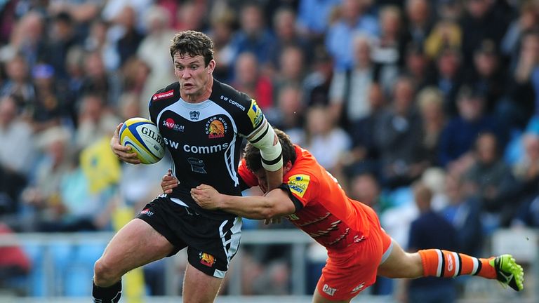 Ian Whitten Exeter Chiefs tackled Anthony Allen Leicester Tigers
