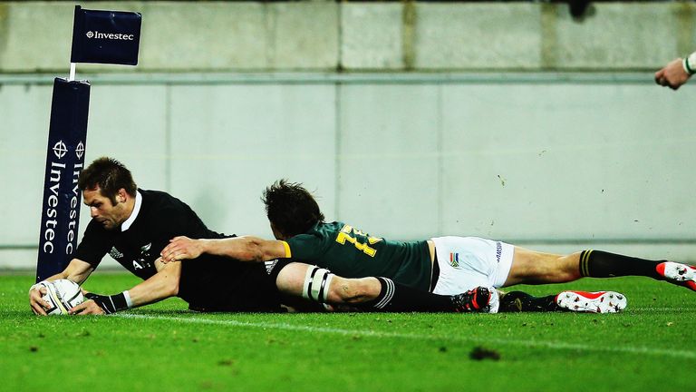 Richie McCaw of the All Blacks scores a try during The Rugby Championship match between the New Zealand All Blacks 
