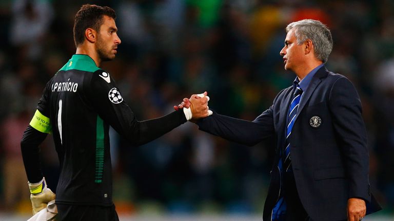 Jose Mourinho: Congratulates Sporting goalkeeper Rui Patricio after his heroics against Chelsea. 