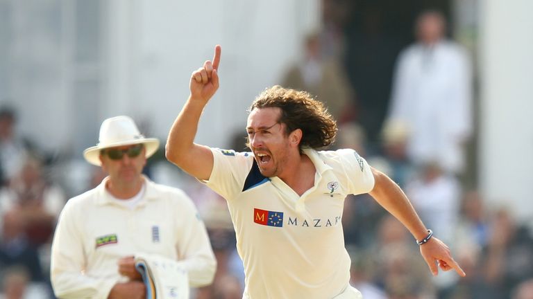 Ryan Sidebottom of Yorkshire celebrates taking the wicket of Riki Wessels of Nottinghamshire during the third day at Trent Bridge