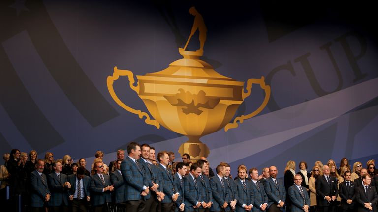 The European team led by captain Paul McGinley stand on stage during the opening ceremony of the Ryder Cup