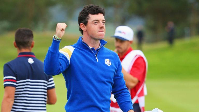 Rory McIlroy of Europe celebrates victory on the 14th hole during the singles matches of the 2014 Ryder Cup