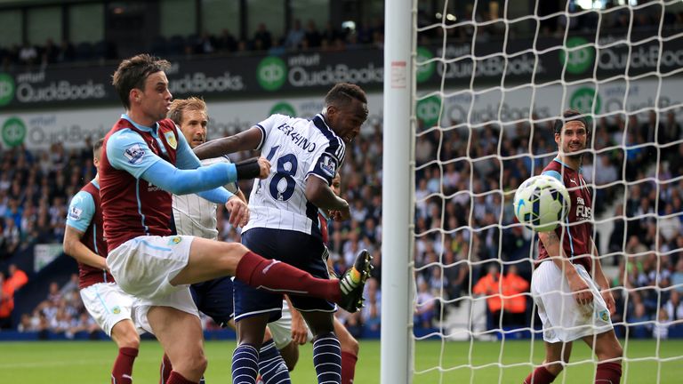 West Bromwich Albion's Saido Berahino scores his side's second goal of the game during the Barclays Premier League match against Burnley at The Hawthorns