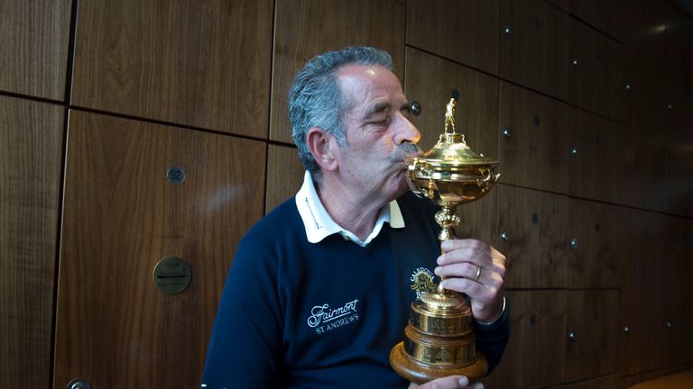Former European Ryder Cup Captain Sam Torrance sits in the European Locker room during a photo call at Gleneagles Golf Course, Perthshire.