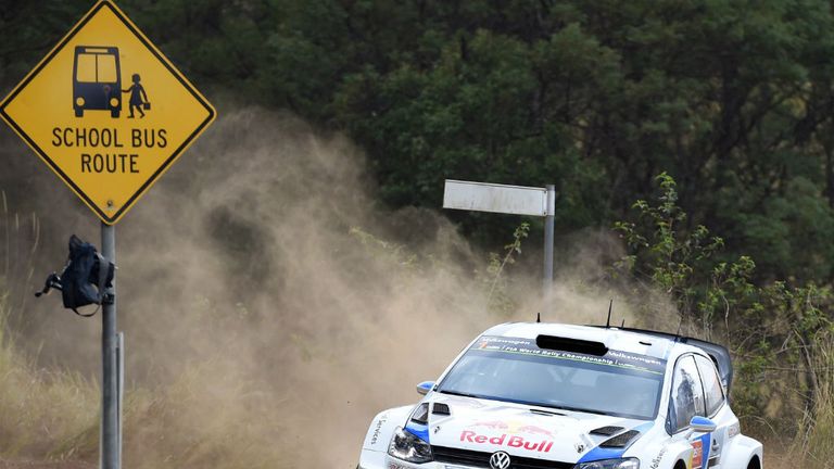 Sebastien Ogier slides his Volkswagen through a corner during the ninth stage of Rally Australia
