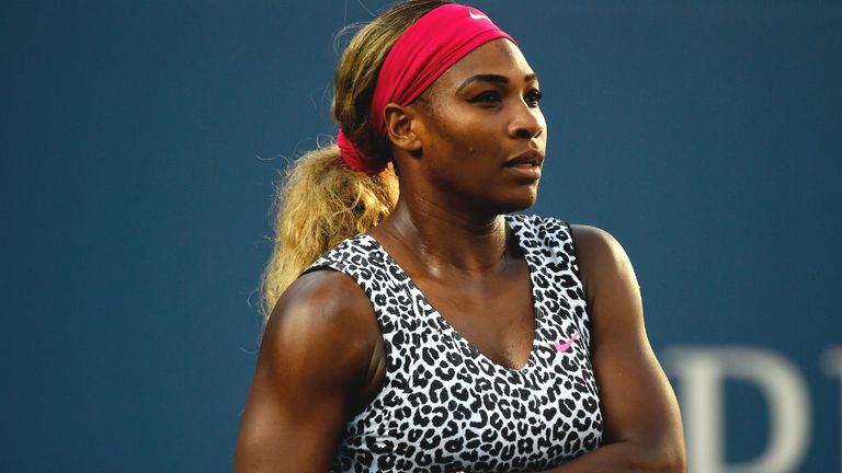 Serena Williams reacts during her match against Caroline Wozniacki in the US Open final 2014