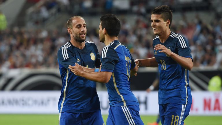 Sergio Aguero celebrates after scoring for Argentina against Germany