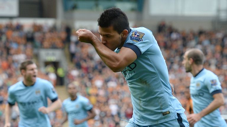 Manchester City's Sergio Aguero celebrates his first goal at Hull