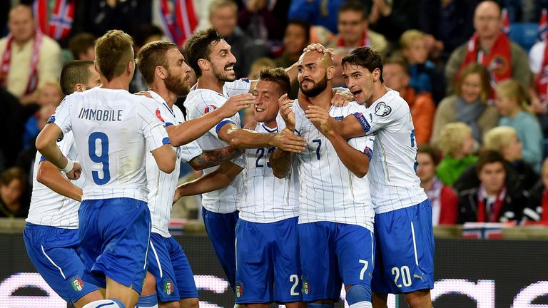 Simone Zaza celebrates during the Euro 2016 qualifier between Norway and Italy