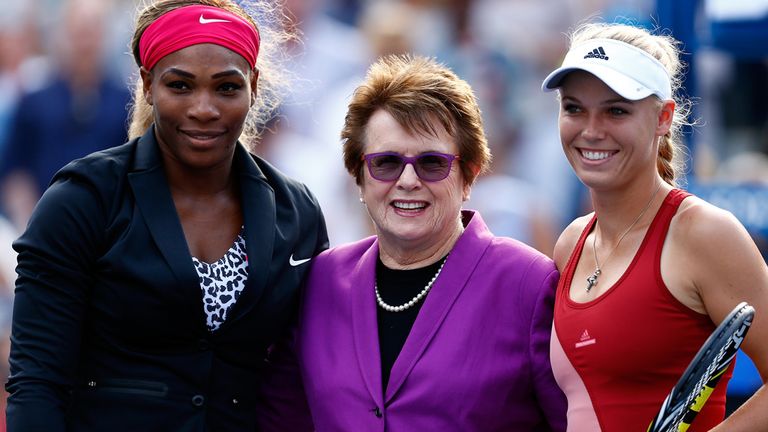 NEW YORK, NY - SEPTEMBER 07:  (L-R) Serena Williams of the United States, tennis hall of famer Billie Jean King and Caroline Wozniacki of Denmark pose for 