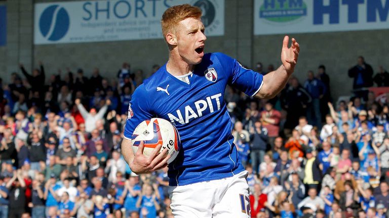 Chesterfield's Eoin Doyle celebrates his penalty spot equaliser during the Sky Bet League Two match at the Proact Stadium, Chesterfield.