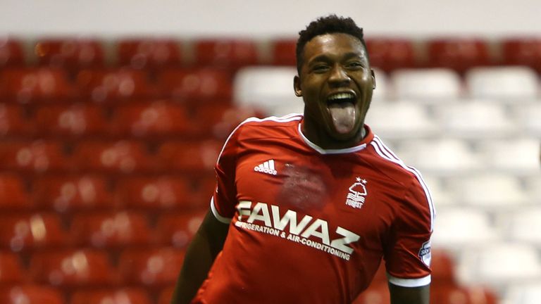 Nottingham Forest's Britt Assombalonga celebrates scoring his sides first goal of the game during the Sky Bet Championship match against Fulham