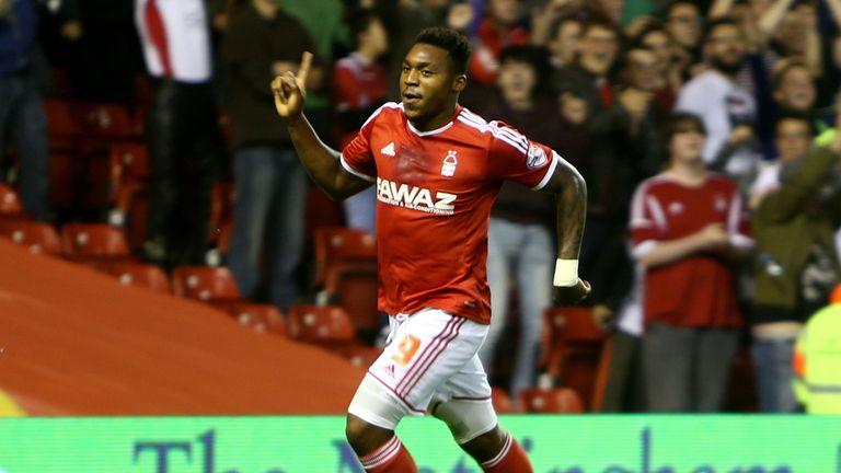 Nottingham Forest's Britt Assombalonga celebrates scoring his sides first goal of the game during the Sky Bet Championship match against Fulham