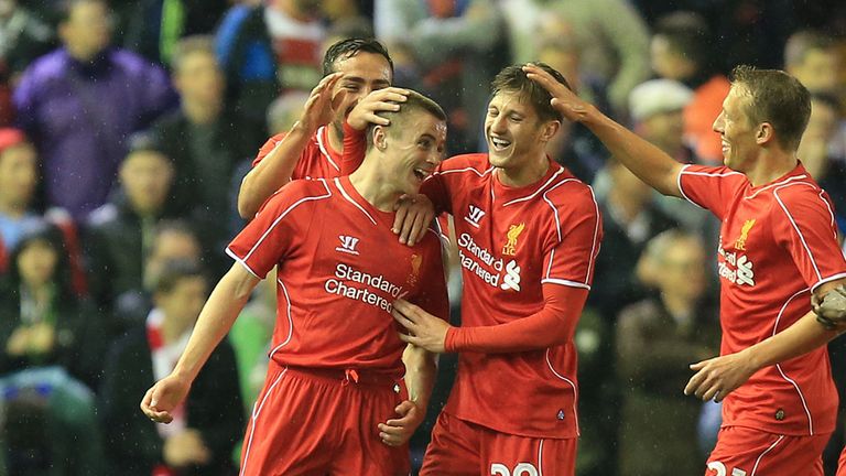 Liverpool's Jordan Rossiter celebrates the opening goal during the Capital One Cup Third Round match at Anfield, Liverpool.