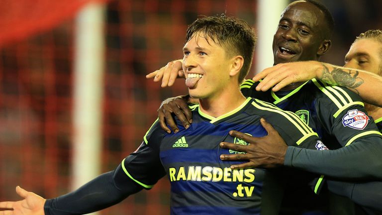 Middlesbrough's Adam Reach celebrates his goal during the Capital One Cup Third Round match at Anfield, Liverpool.