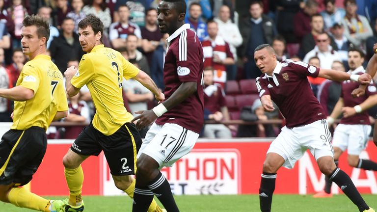 Soufian El Hassnaoui (9) fires Hearts into the lead against Livingston at Tynecastle on Sunday