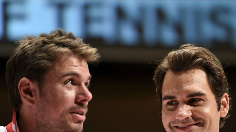 Stan Wawrinka and Roger Federer during the draw ahead of their Davis Cup semi-final semi-final against Italy