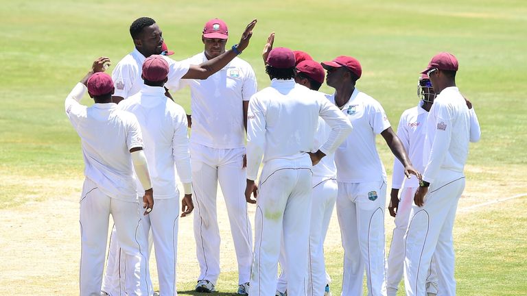 Sulieman Benn celebrates a wicket with his team-mates. West Indies v Bangladesh. Second Test, St Lucia. Sep 16 2014.