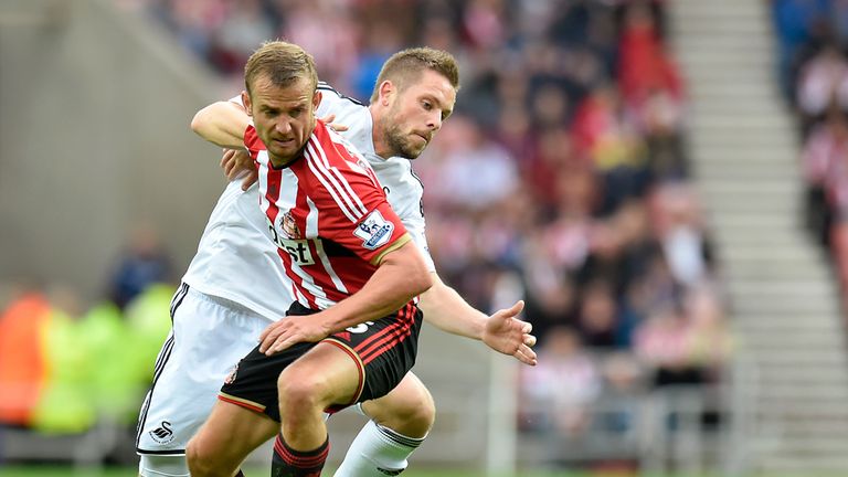 Lee Cattermole and Gylfi Sigurdsson battle for the ball 