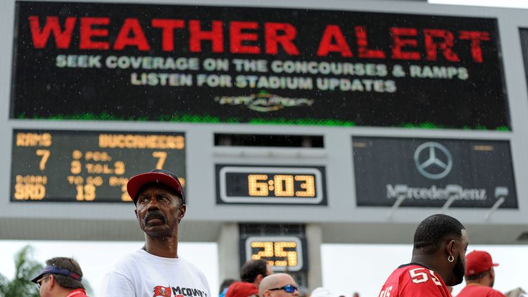 A rain delay in the game between the Tampa Bay Buccaneers and the St. Louis Rams 